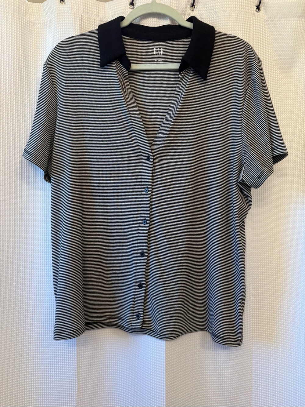GAP Black and White Striped Knit Polo Top